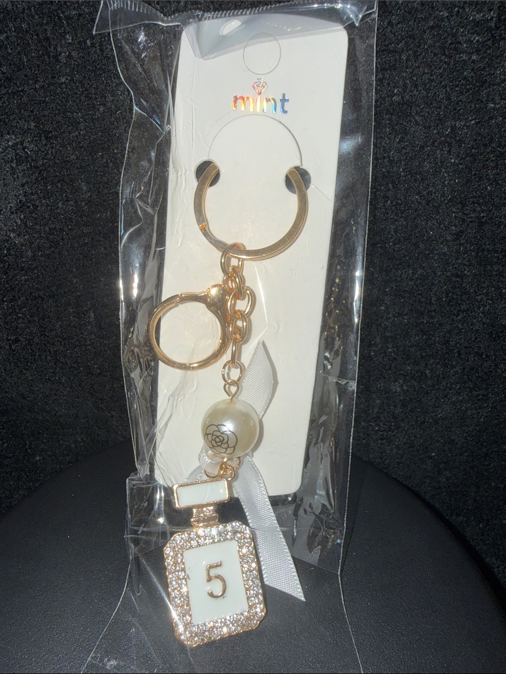 Mint Gold and White Perfume Bottle Keychain with Pearl Accent